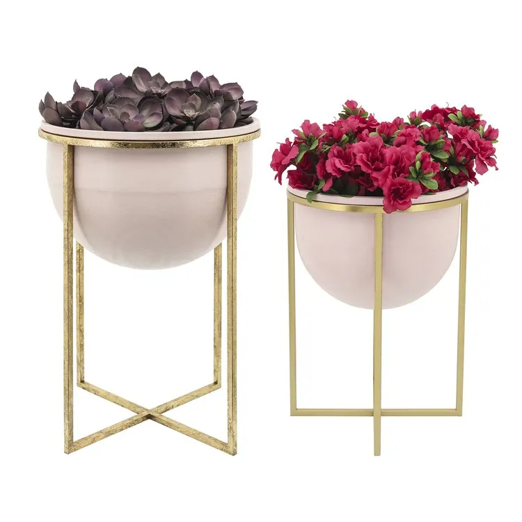 11"/12" Metal Planters with Stands Set of 2 - Pink/Gold