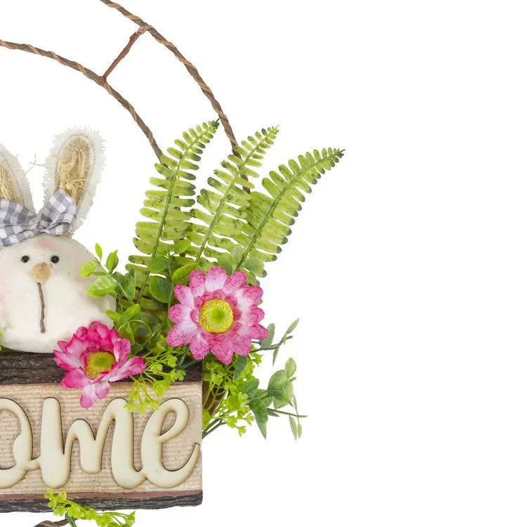 19" Pink and Green 19" Easter Bunny Couple Floral Spring "Welcome" Wreath