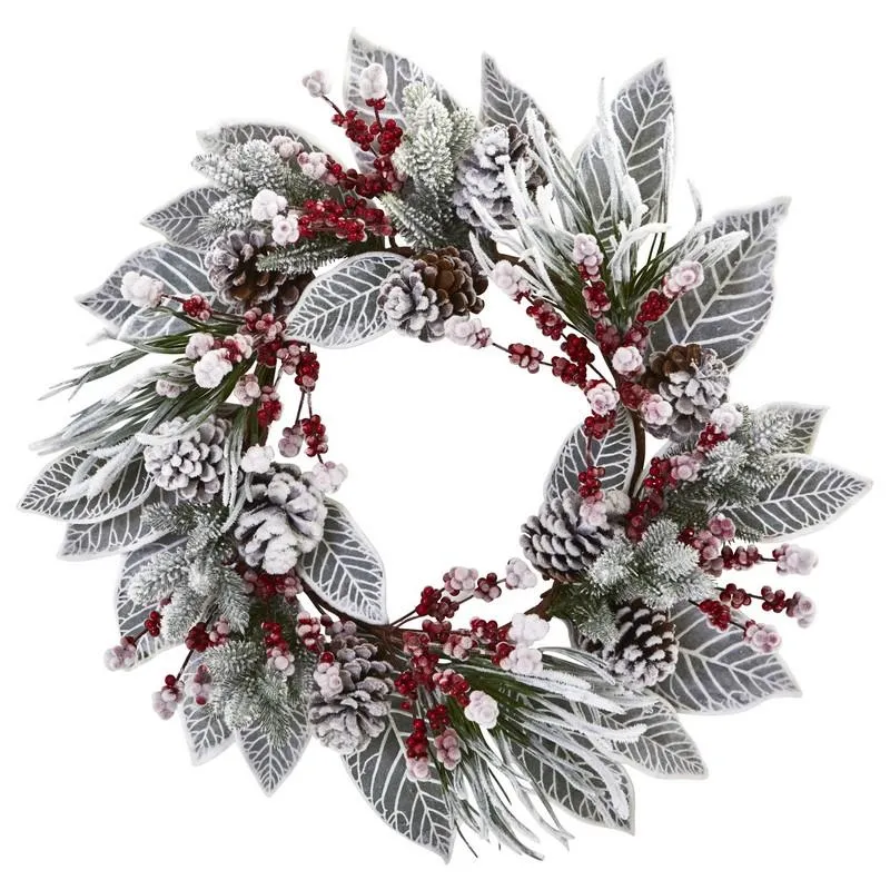 24"  Snowy Magnolia Berry Artificial Wreath