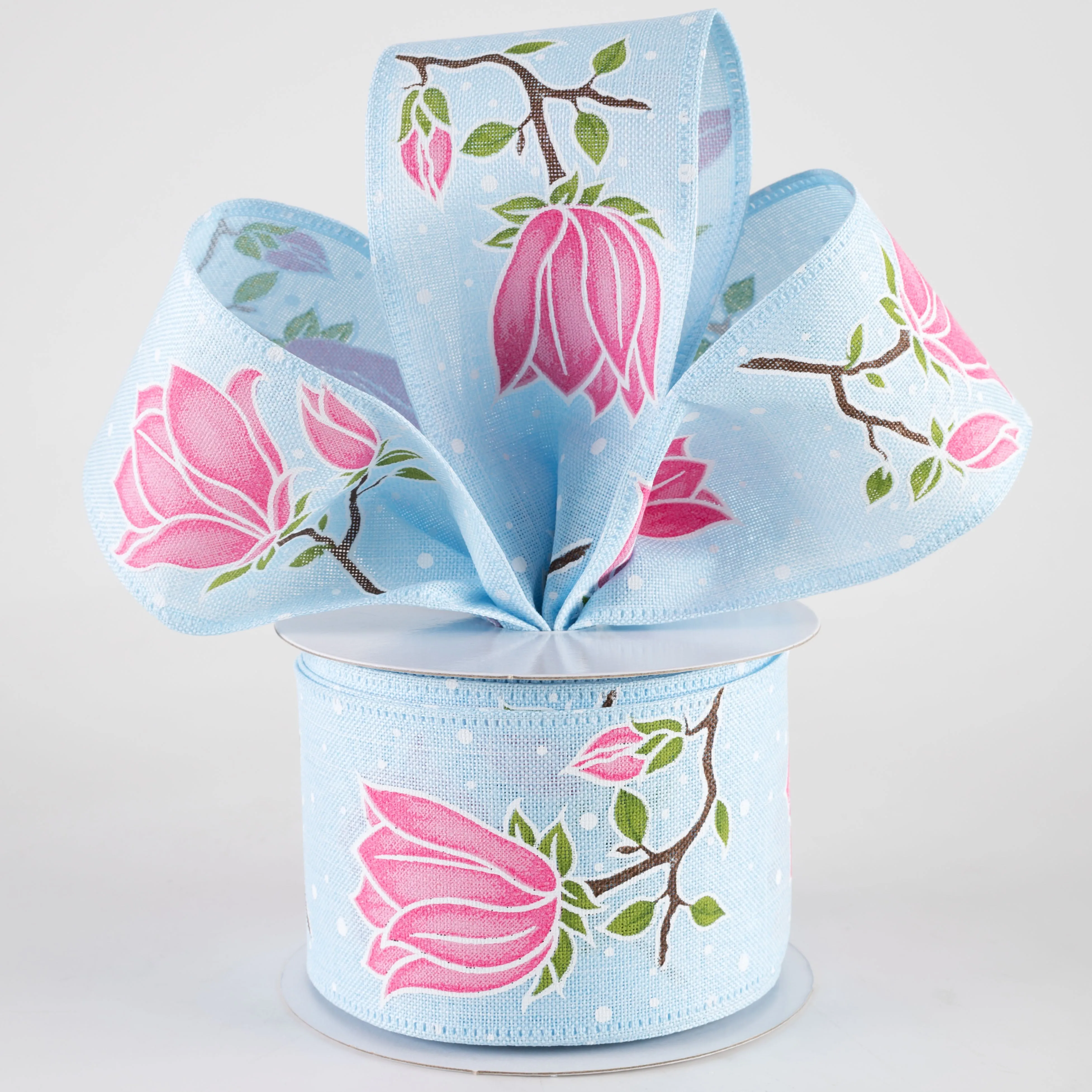 2.5" Linen Giant Tulips Ribbon: Light Blue (10 Yards)