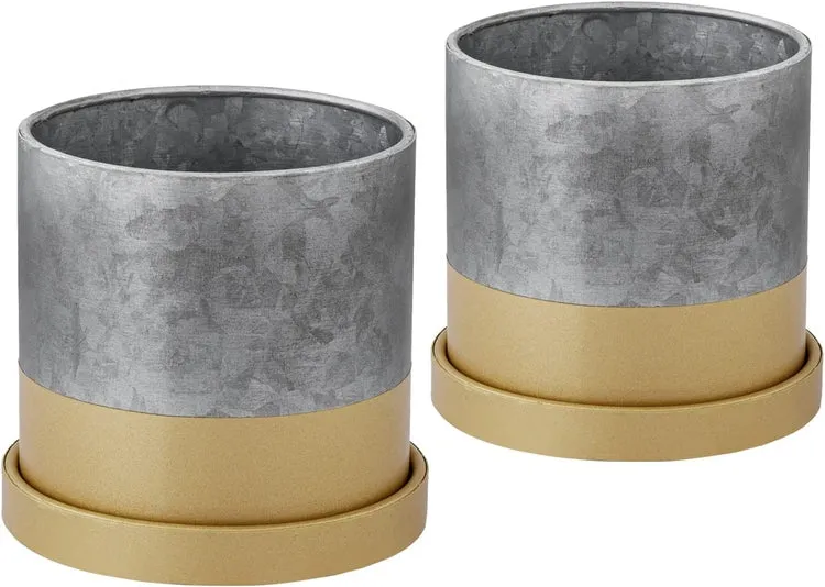 4-inch Cylindrical Galvanized Metal and Gold-Tone Mini Succulent Planter Pots with Trays, Set of 2