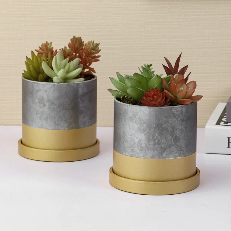 4-inch Cylindrical Galvanized Metal and Gold-Tone Mini Succulent Planter Pots with Trays, Set of 2