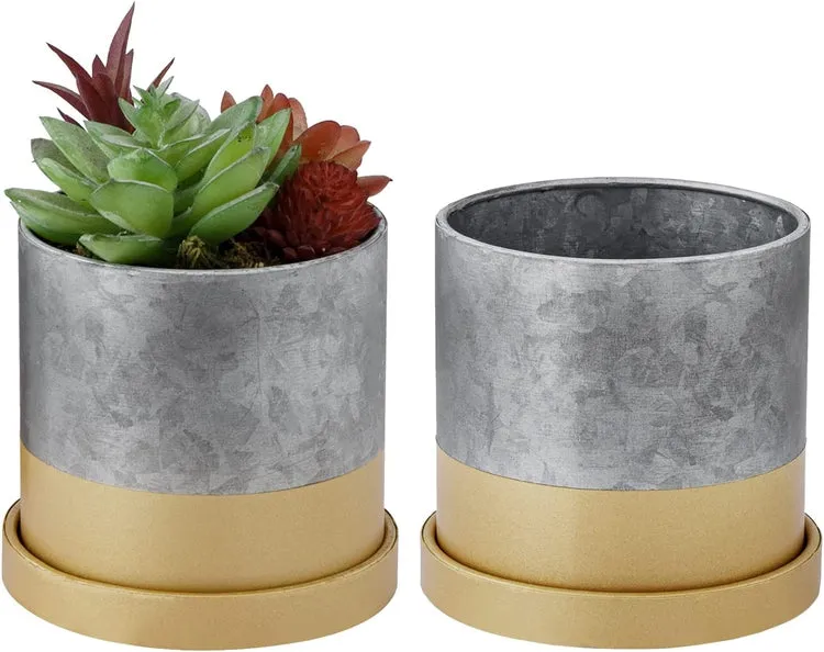 4-inch Cylindrical Galvanized Metal and Gold-Tone Mini Succulent Planter Pots with Trays, Set of 2