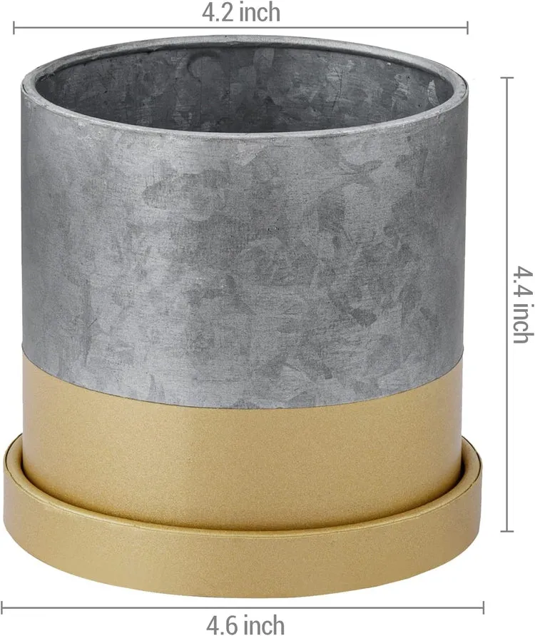 4-inch Cylindrical Galvanized Metal and Gold-Tone Mini Succulent Planter Pots with Trays, Set of 2