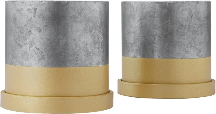 4-inch Cylindrical Galvanized Metal and Gold-Tone Mini Succulent Planter Pots with Trays, Set of 2