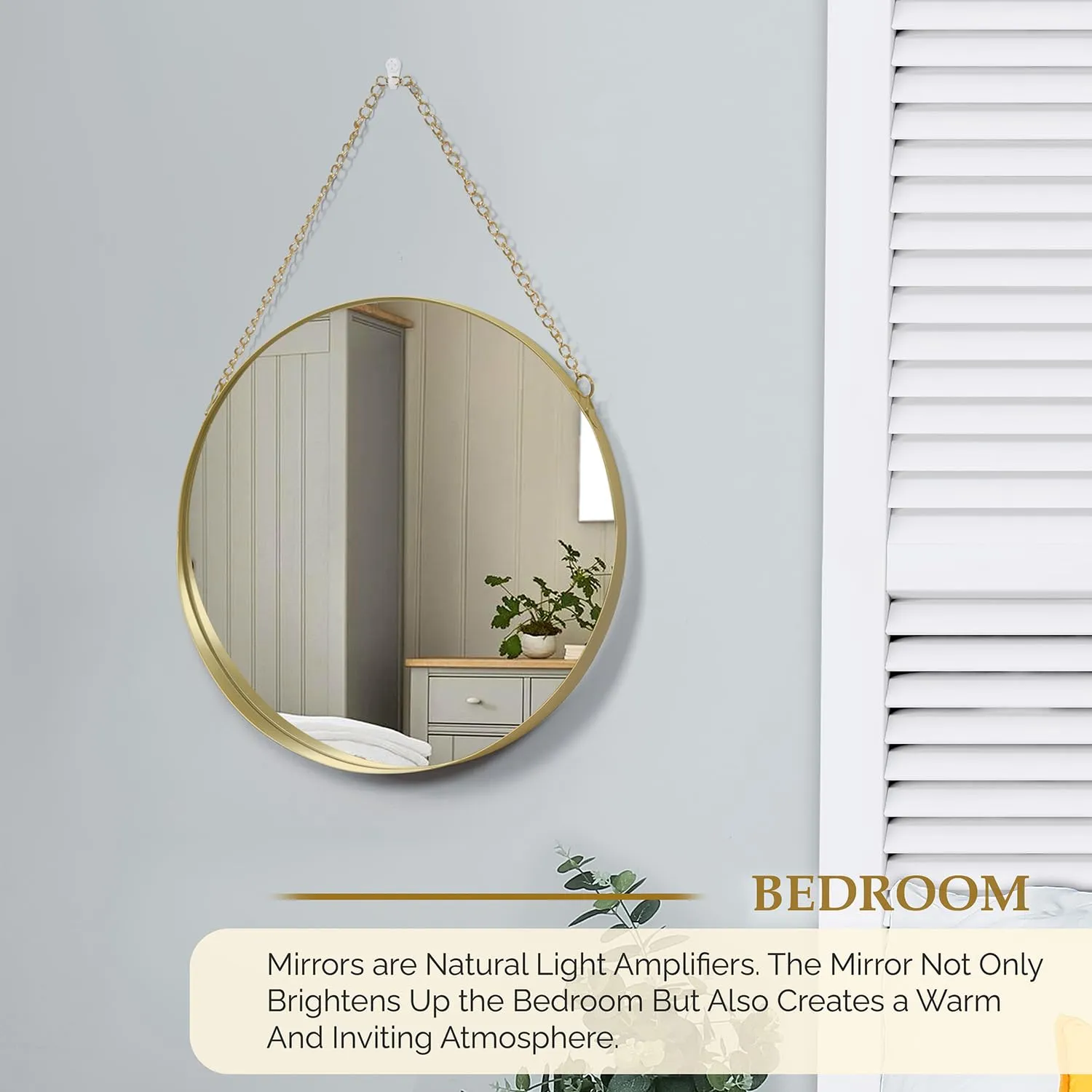 ABOUT SPACE 12 Inch Wall Hanging Mirror with Chain-Gold Round Wall Mirror for Living Room, Bedroom, Bathroom,Entryway Aesthetic Room Decor Circle Mirror with Metal Frame (Golden - W 30 x H 45 cm)