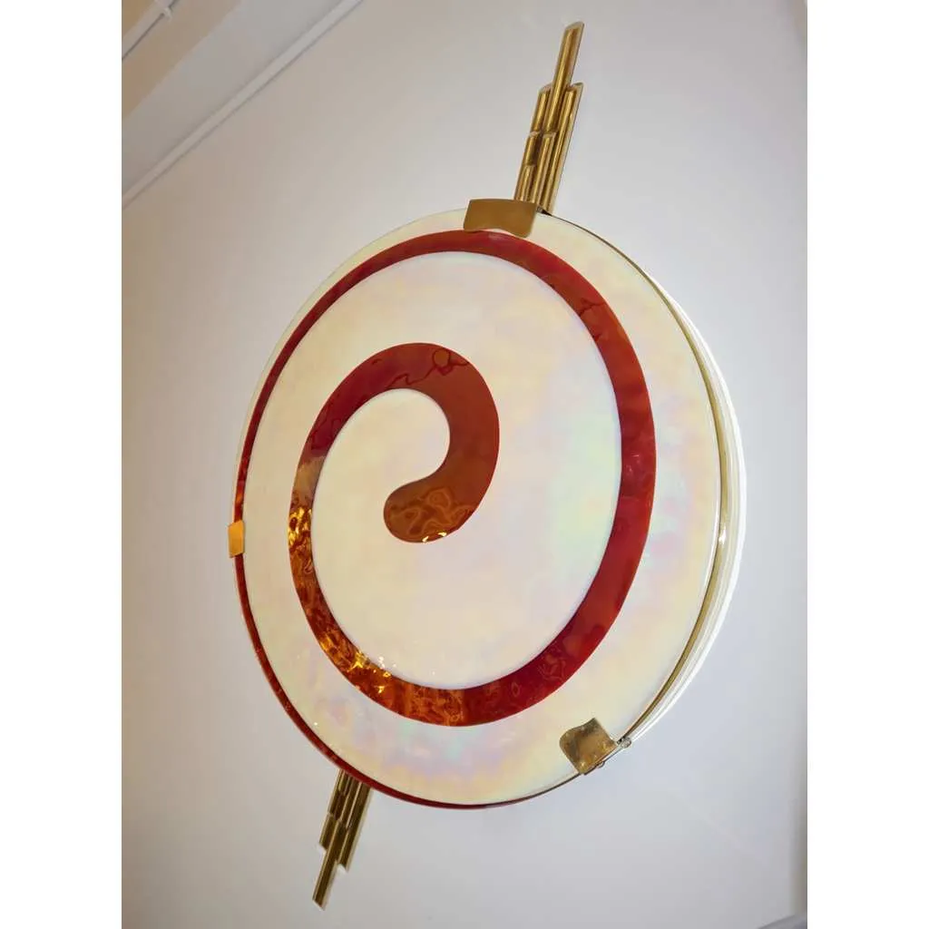 Art Deco Style Monumental Pair of Dark Red Ivory White Murano Glass Wall/Ceiling Lights