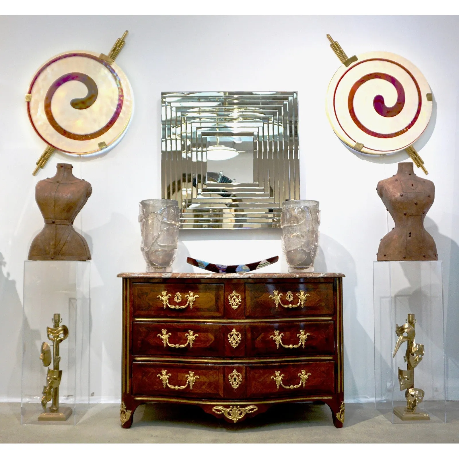 Art Deco Style Monumental Pair of Dark Red Ivory White Murano Glass Wall/Ceiling Lights