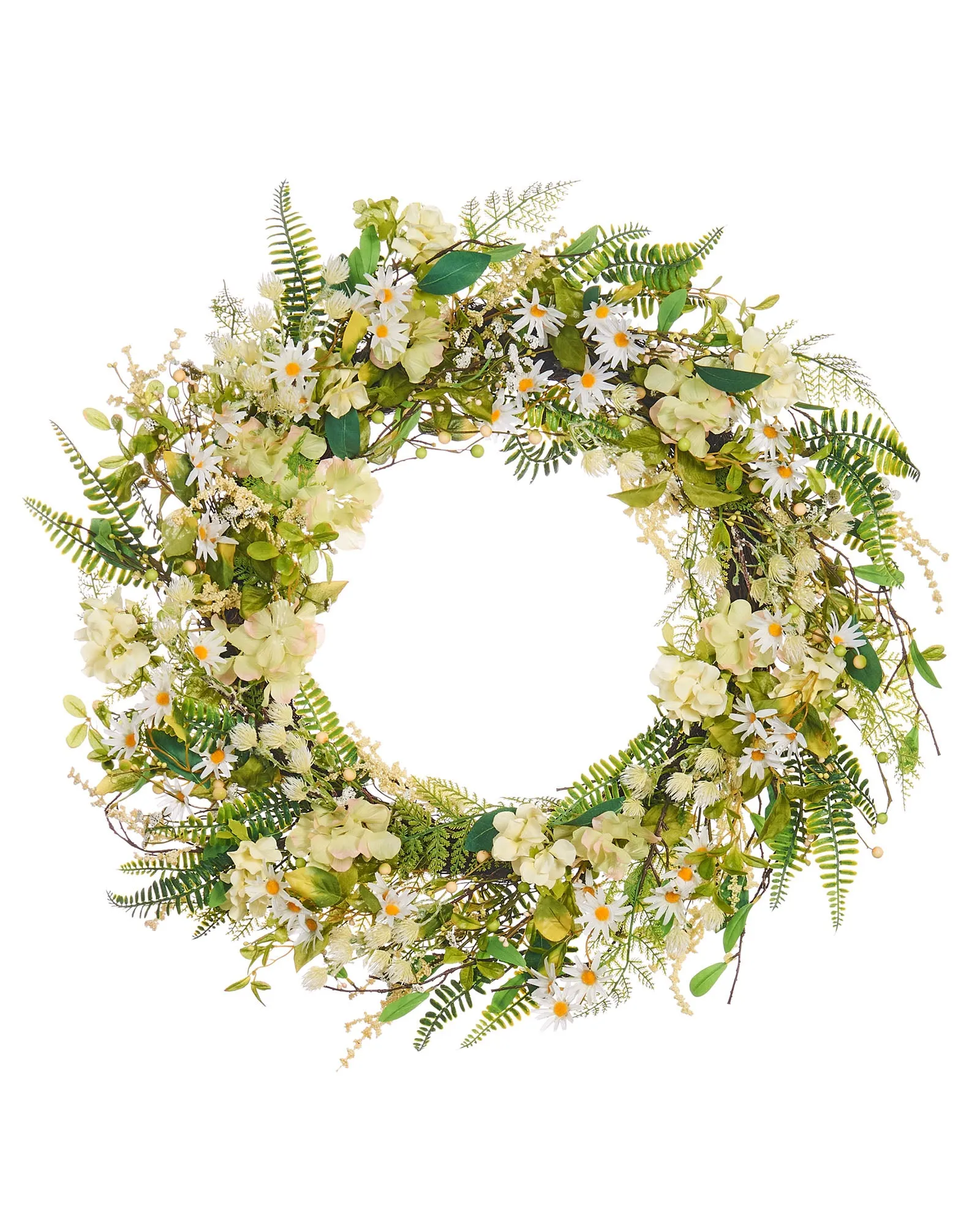 Artificial Floral Daisy Wreath, Green & White, 28 Inch
