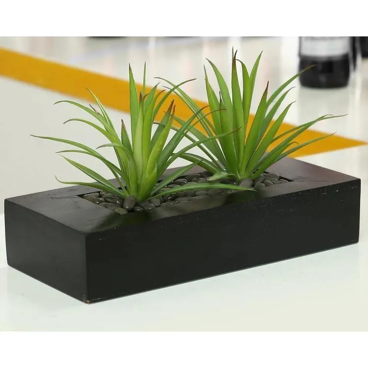 Artificial Green Grass in Rectangular Black Wood Pot