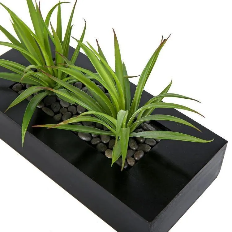 Artificial Green Grass in Rectangular Black Wood Pot