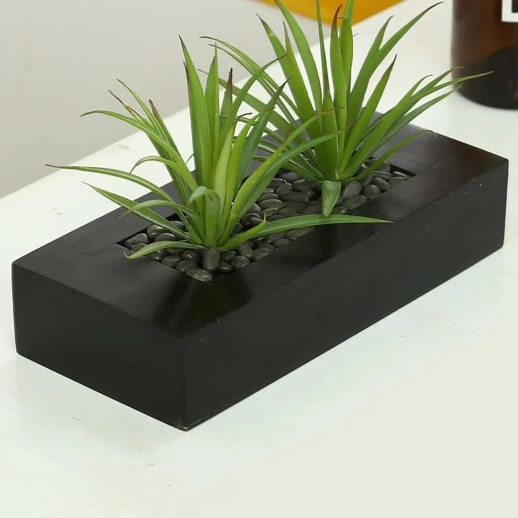 Artificial Green Grass in Rectangular Black Wood Pot