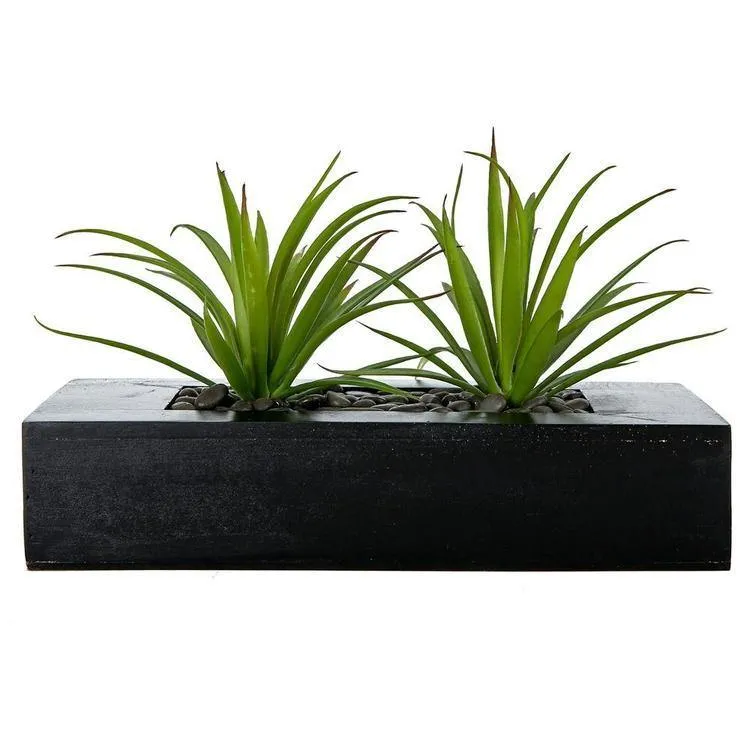 Artificial Green Grass in Rectangular Black Wood Pot
