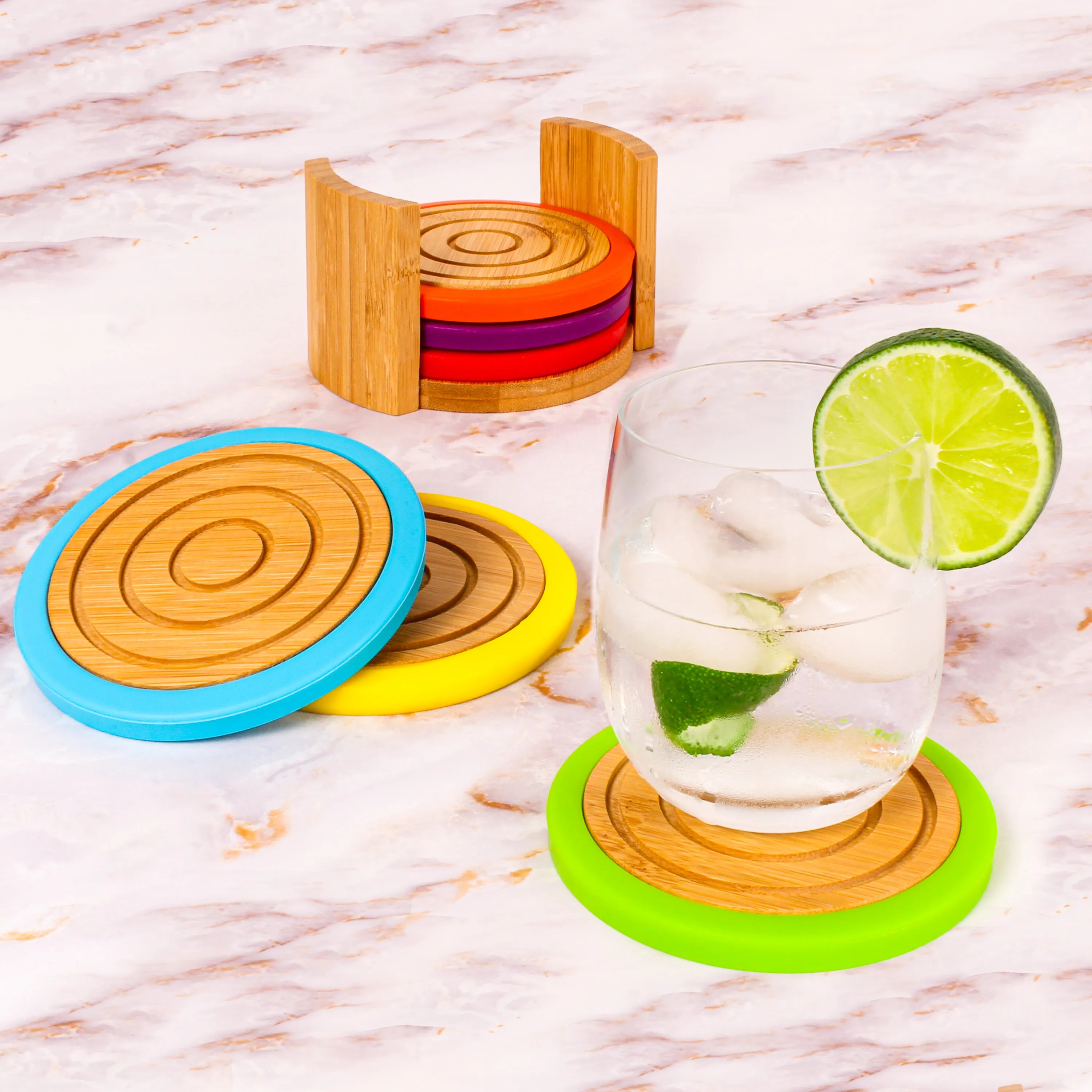 BergHOFF Bamboo 7pc Coaster Set with Silicone Rims, Multicolor
