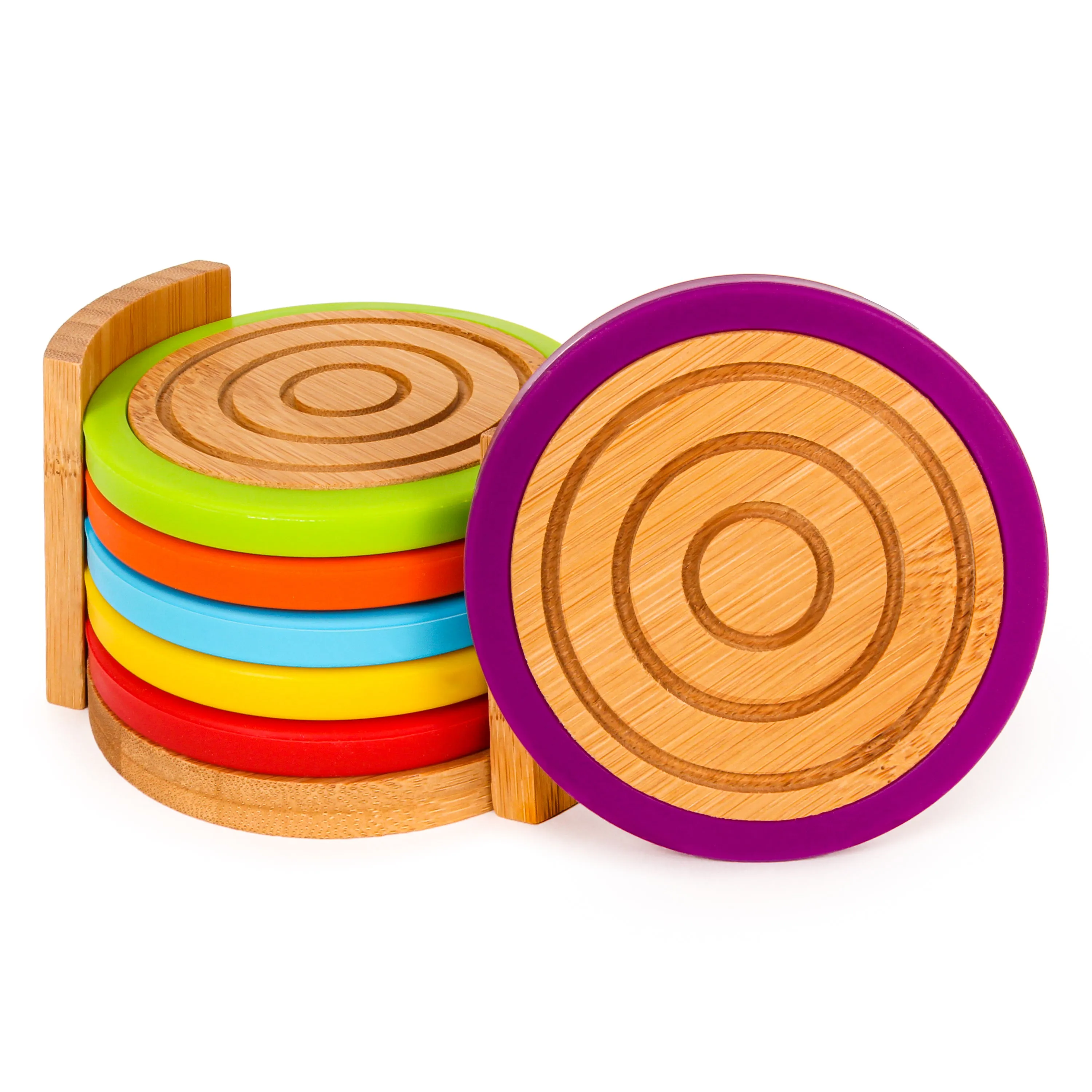 BergHOFF Bamboo 7pc Coaster Set with Silicone Rims, Multicolor