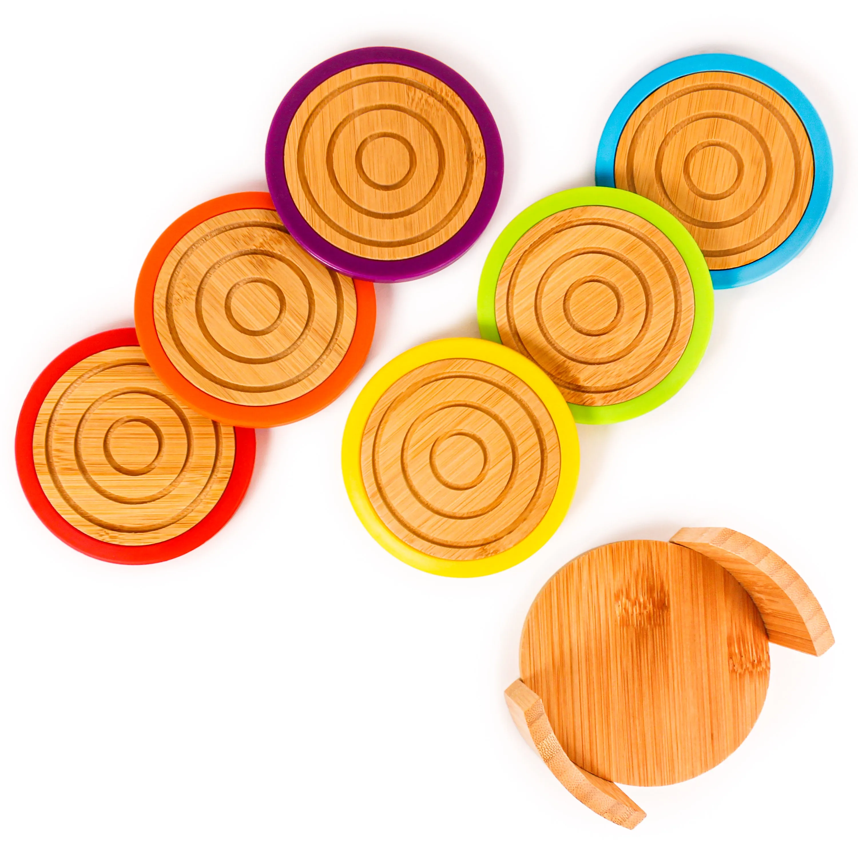 BergHOFF Bamboo 7pc Coaster Set with Silicone Rims, Multicolor