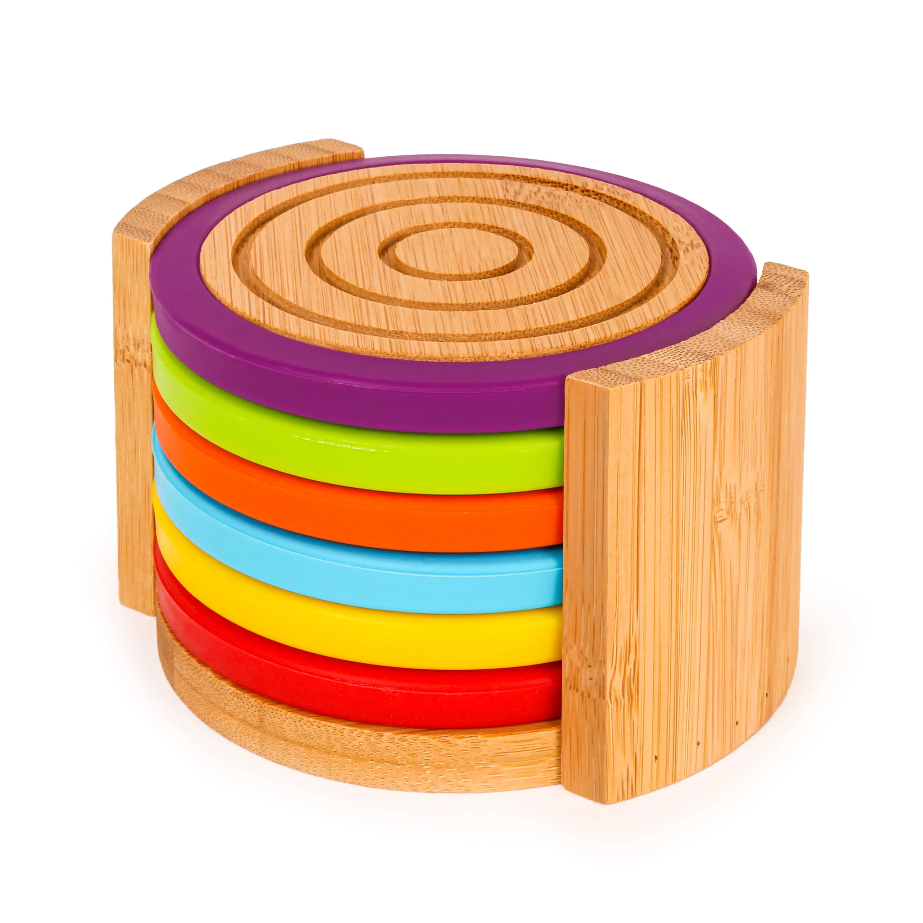BergHOFF Bamboo 7pc Coaster Set with Silicone Rims, Multicolor