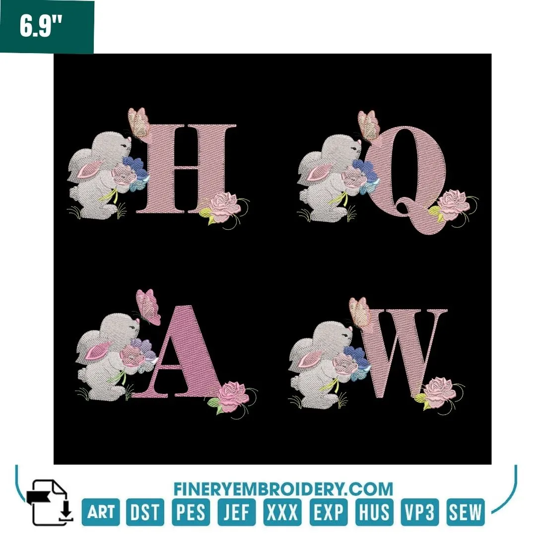 Bunny & Floral Alphabet Embroidery Pack – Cute Springtime Monogram Letters