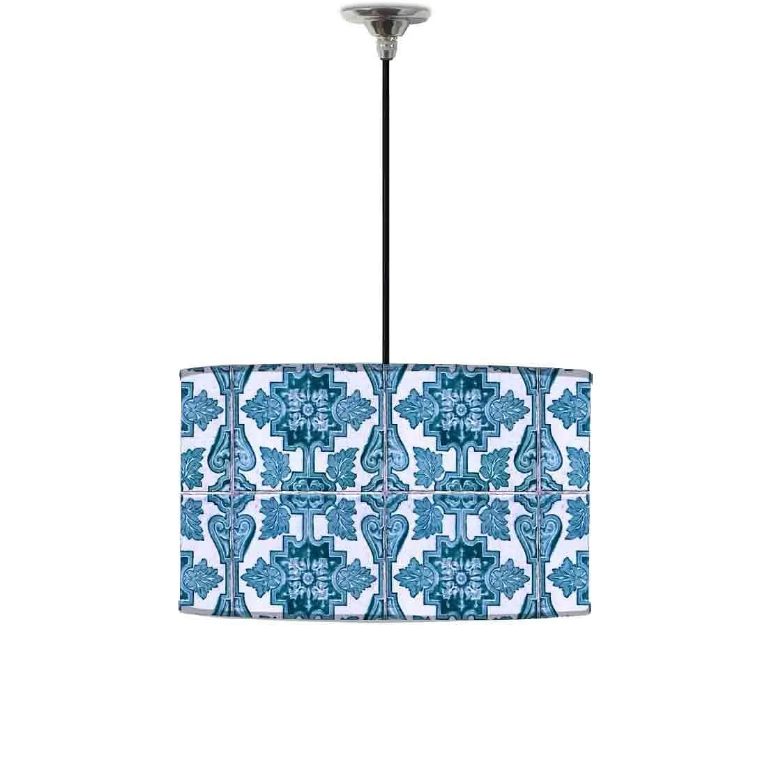 Ceiling Lamp Hanging Drum Lampshade - Blue Tiles Pattern