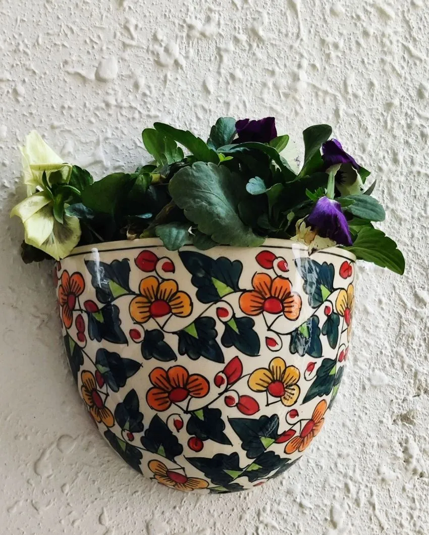 Ceramic Wall Hanging Planter Floral Print | Plant Not Included
