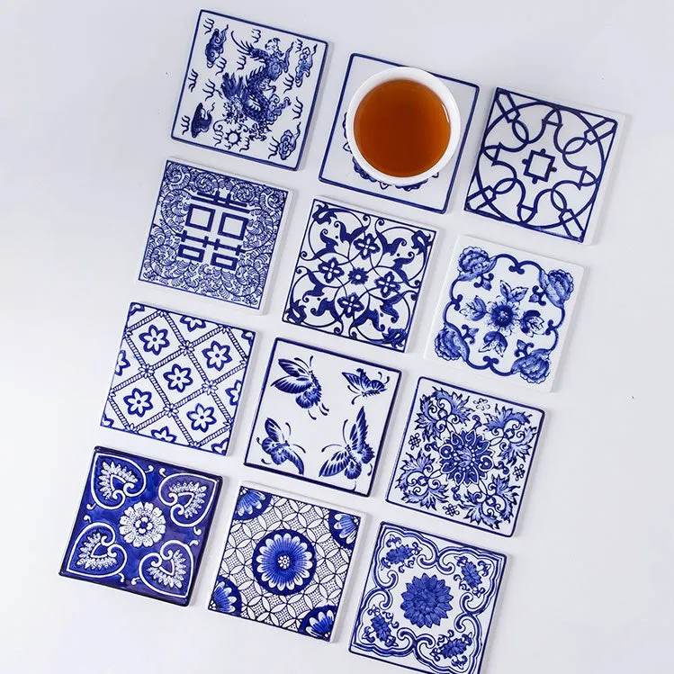 Chinese Blue and White Ceramic Coasters - Mixed Set of 6