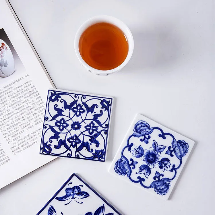Chinese Blue and White Ceramic Coasters - Mixed Set of 6