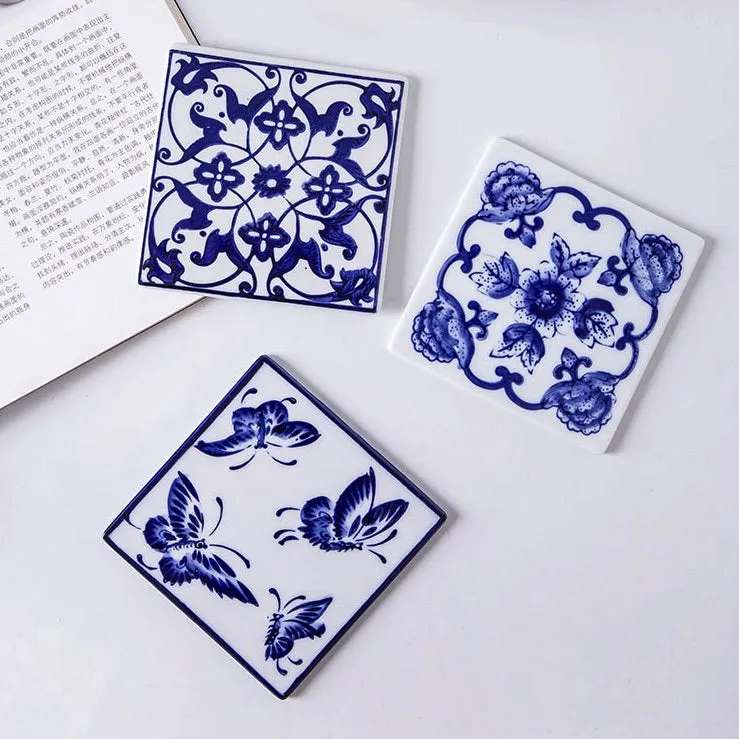 Chinese Blue and White Ceramic Coasters - Mixed Set of 6