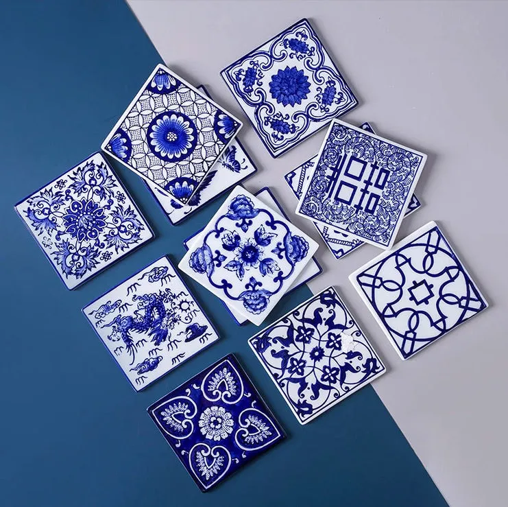 Chinese Blue and White Ceramic Coasters - Mixed Set of 6