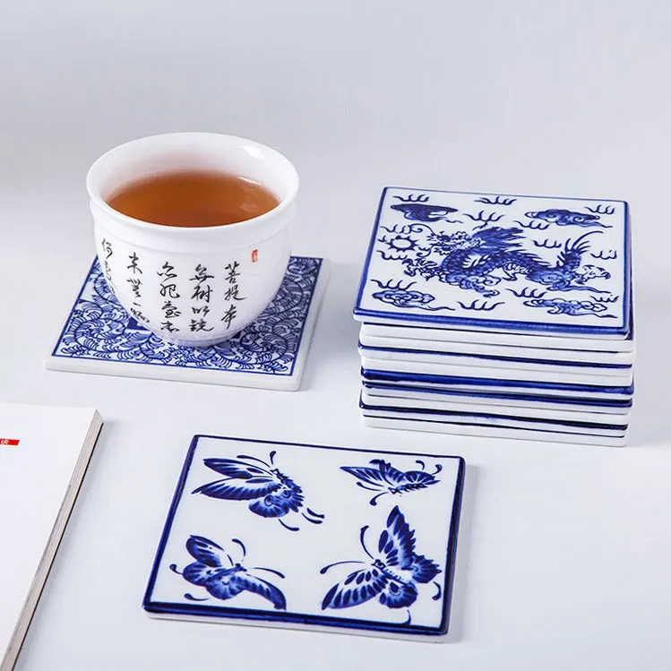 Chinese Blue and White Ceramic Coasters - Mixed Set of 6