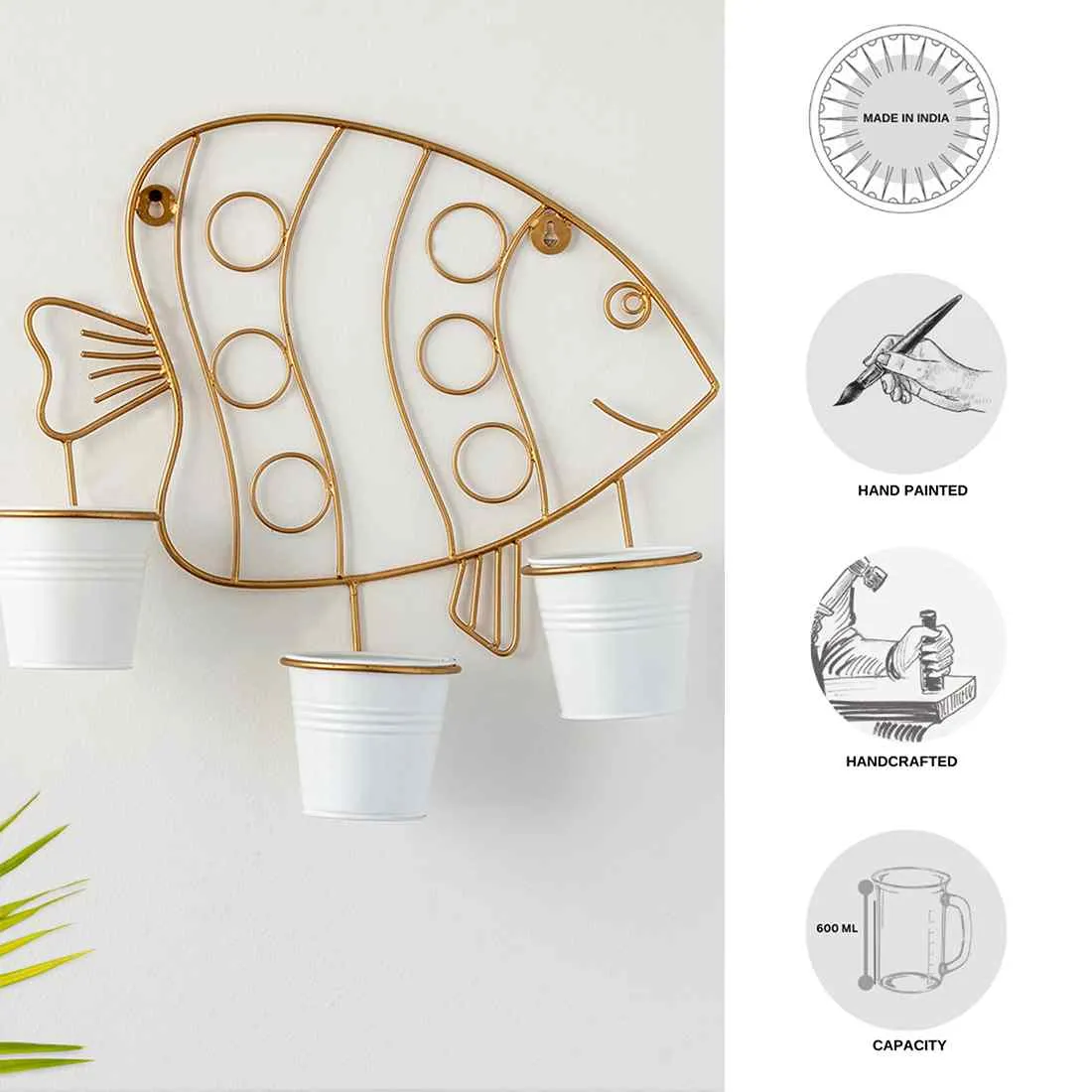 Fish' Wall Planter Pots In Galvanized Iron (35.6 cm | Brass Finish)