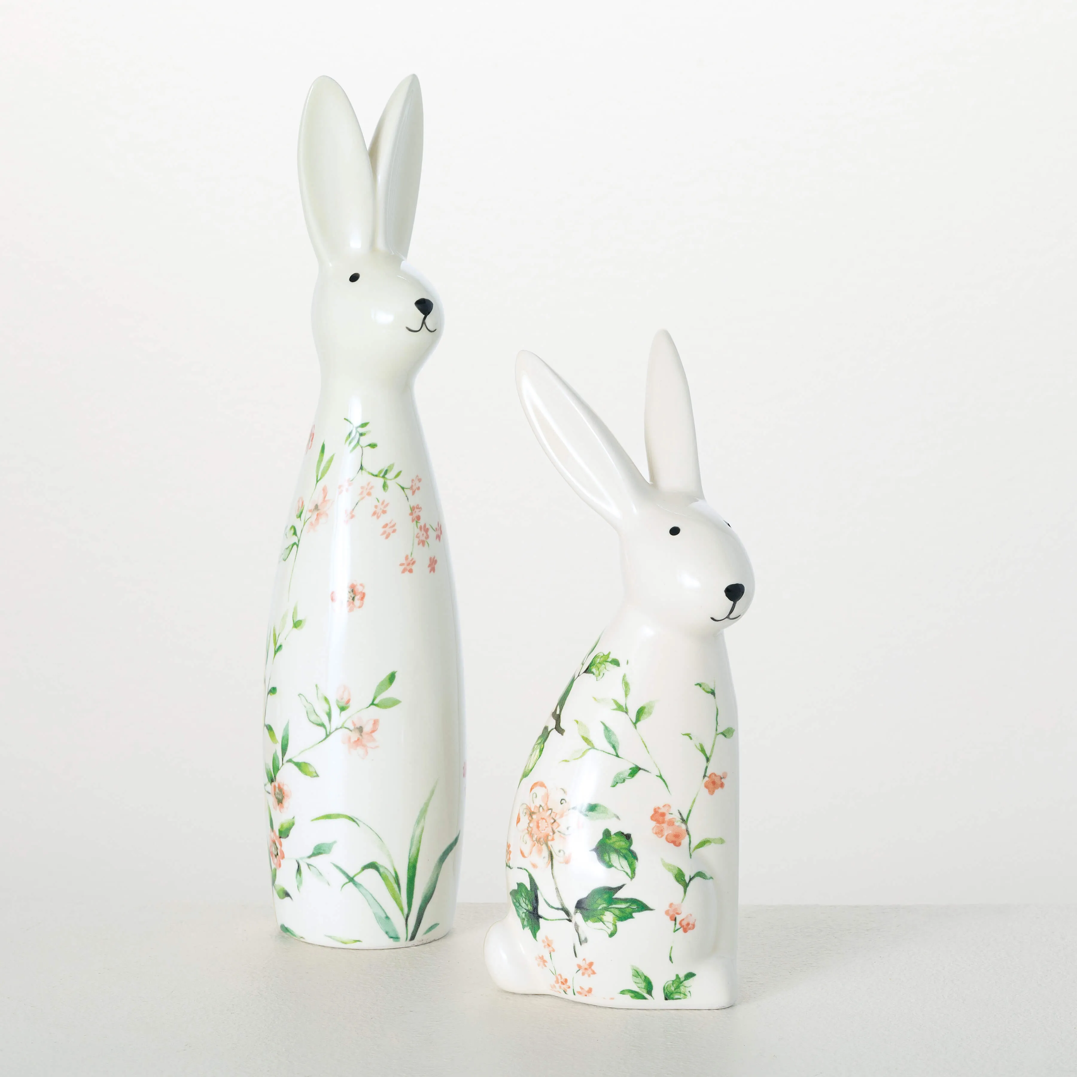 Floral Bunny Figurine Set Of 2