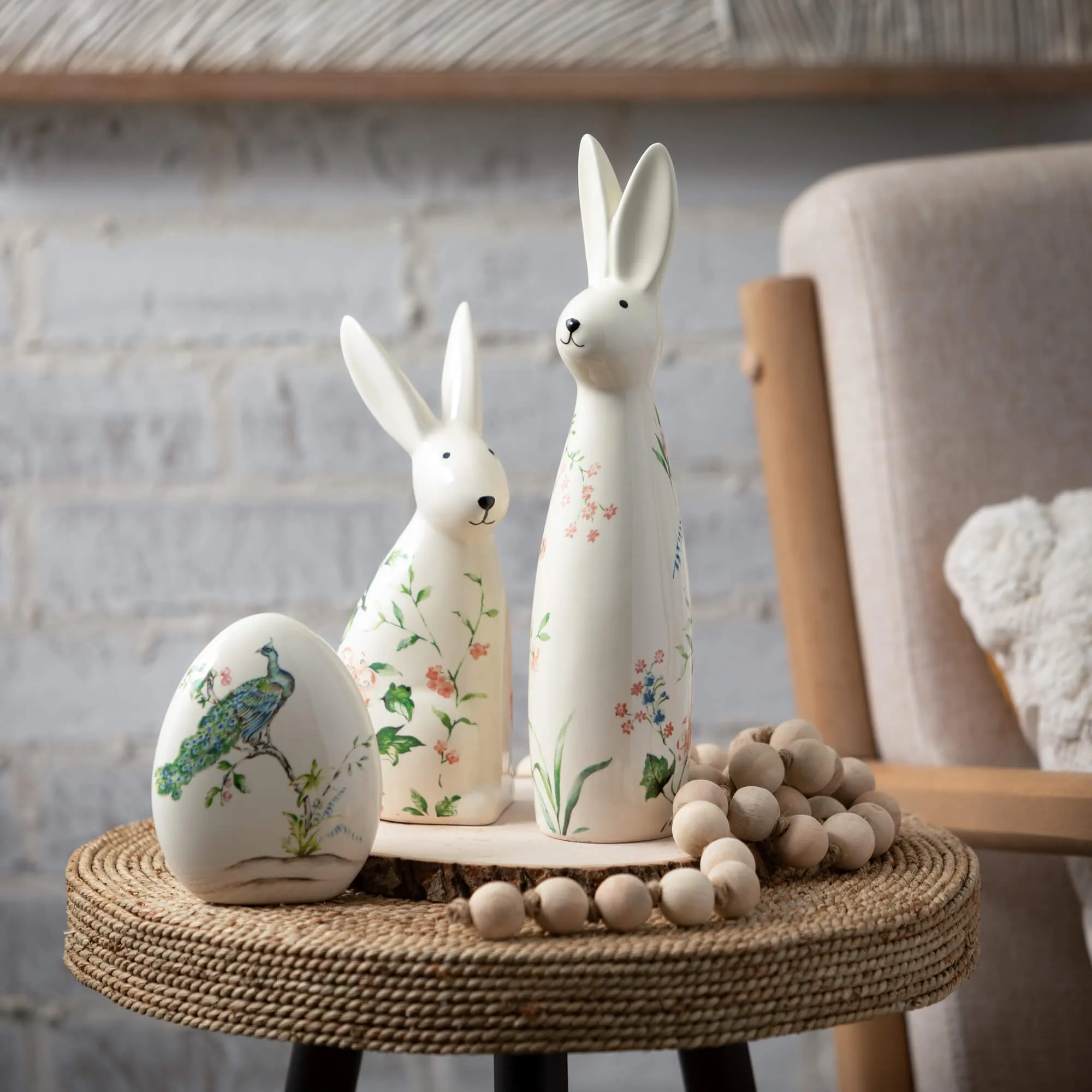 Floral Bunny Figurine Set Of 2