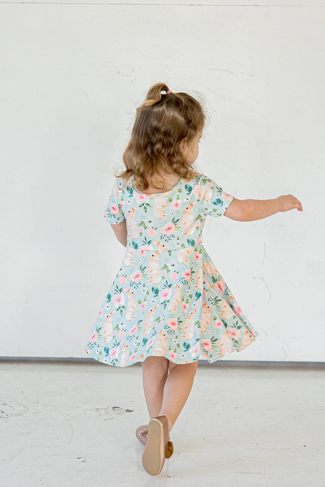 Girl's Pale Blue Cotton Jersey Easter Bunny Print Skater Dress