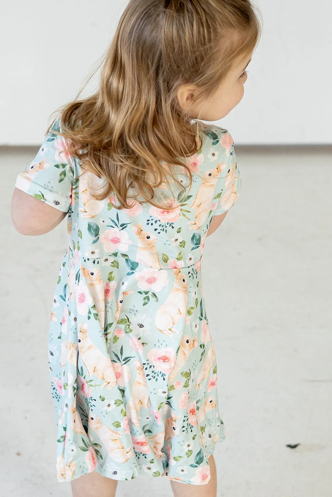 Girl's Pale Blue Cotton Jersey Easter Bunny Print Skater Dress
