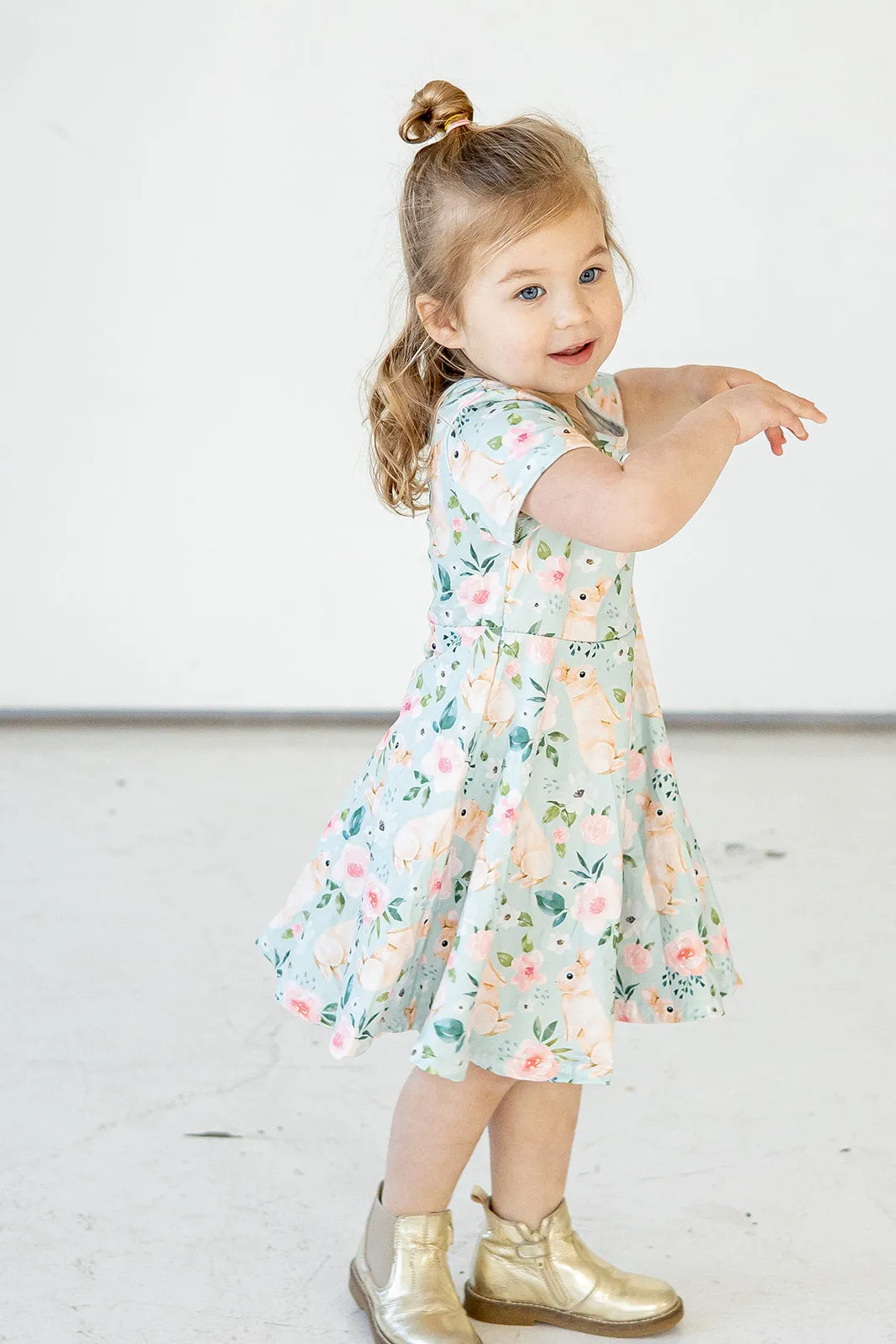 Girl's Pale Blue Cotton Jersey Easter Bunny Print Skater Dress