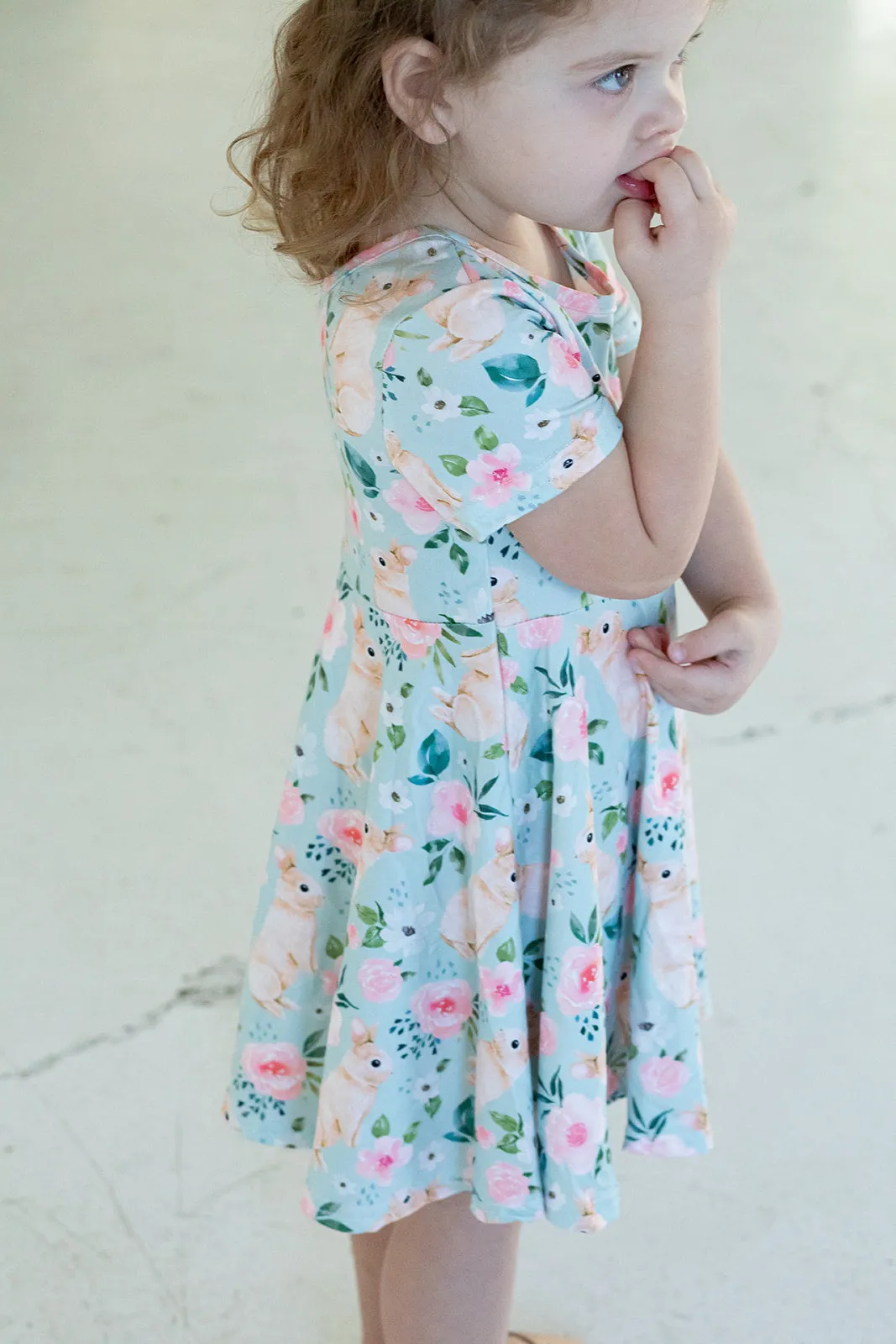 Girl's Pale Blue Cotton Jersey Easter Bunny Print Skater Dress
