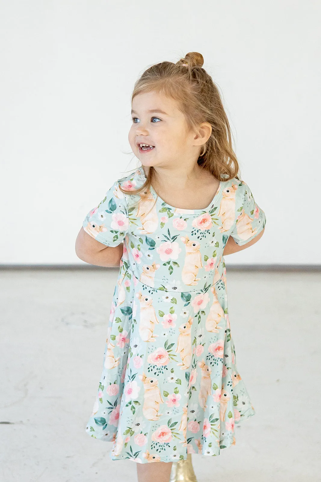 Girl's Pale Blue Cotton Jersey Easter Bunny Print Skater Dress