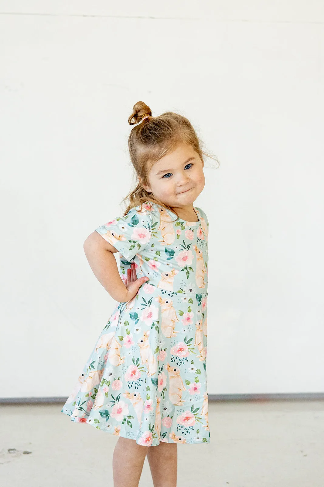 Girl's Pale Blue Cotton Jersey Easter Bunny Print Skater Dress