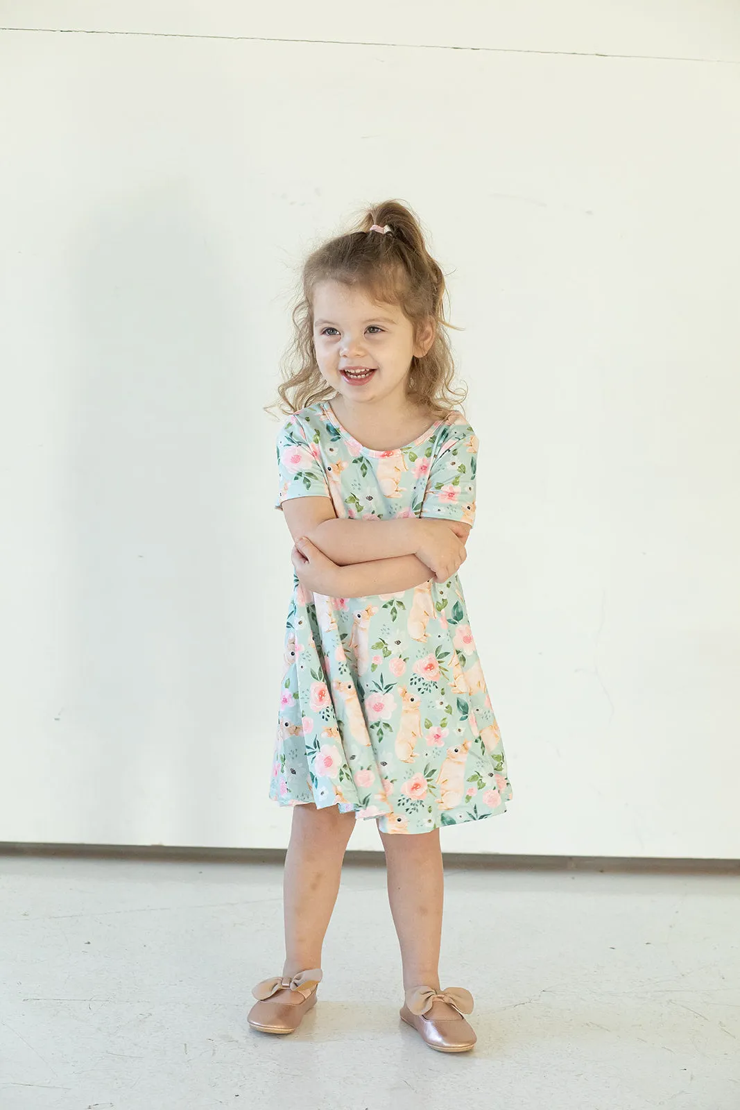 Girl's Pale Blue Cotton Jersey Easter Bunny Print Skater Dress