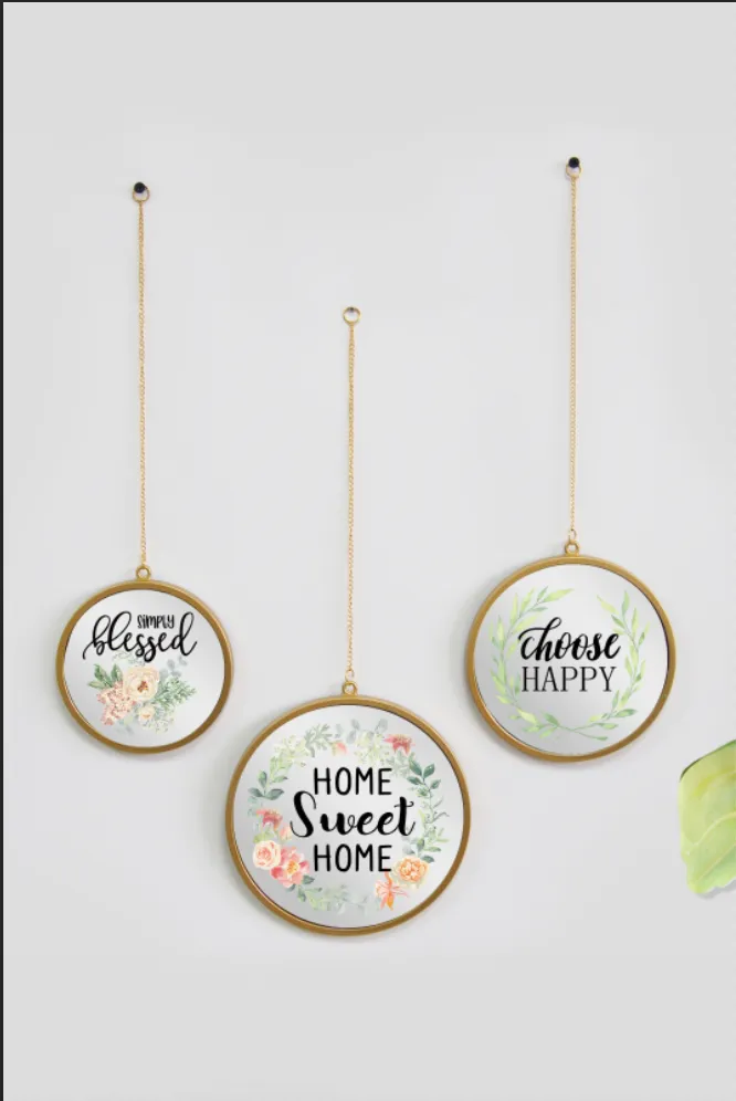 Gold Round Printed Decorative Mirror Set (3 Piece)