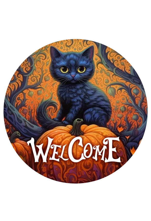 Halloween Sign, Cat Halloween Sign, DECOE-4618, Door Hanger, 18" Wood Round