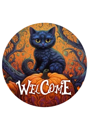 Halloween Sign, Cat Halloween Sign, DECOE-4618, Door Hanger, 18" Wood Round