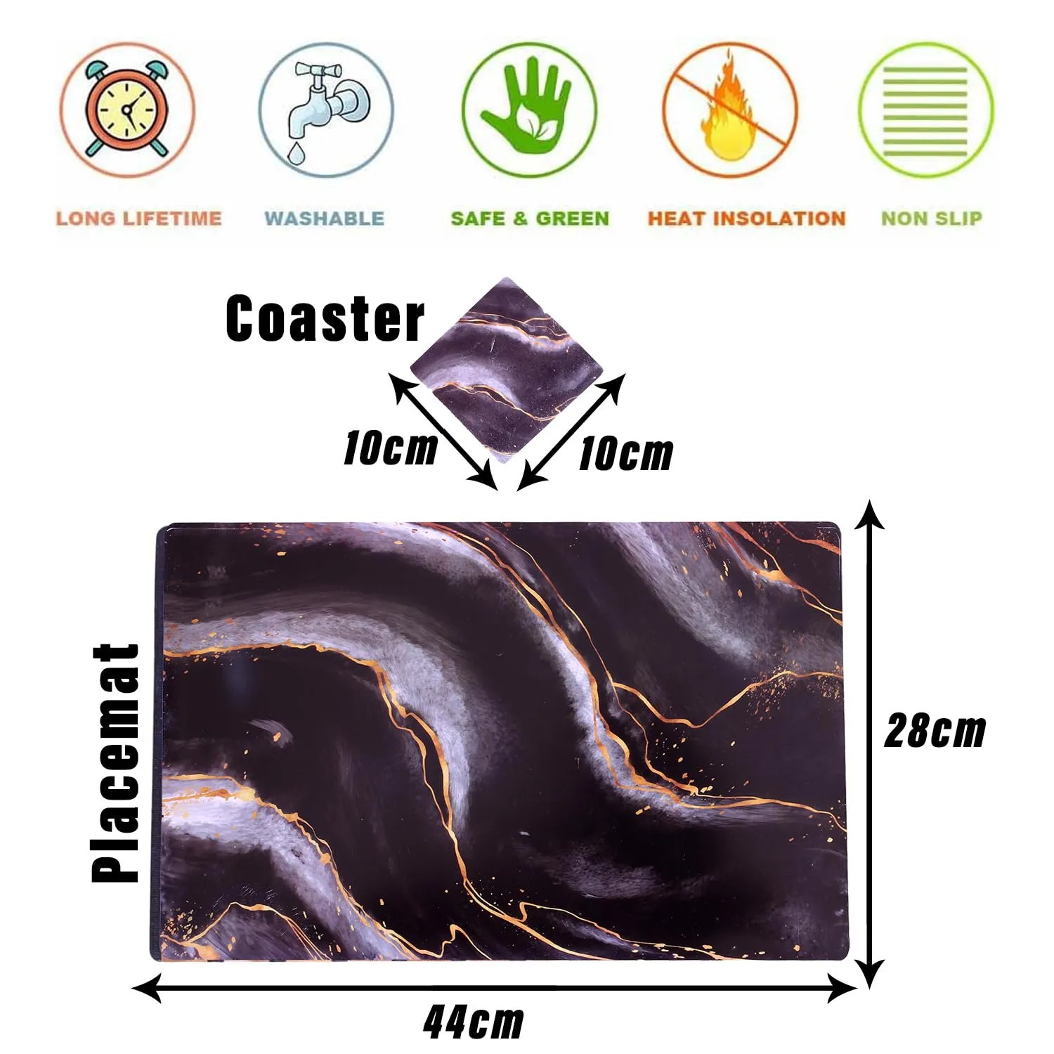 Heart Home Placemat | Table Placemats with Coasters | Table Placemats with Tea Coasters | Dining Table Placemats & Coasters Set | Diamond Marble | 12 Piece Set | Black