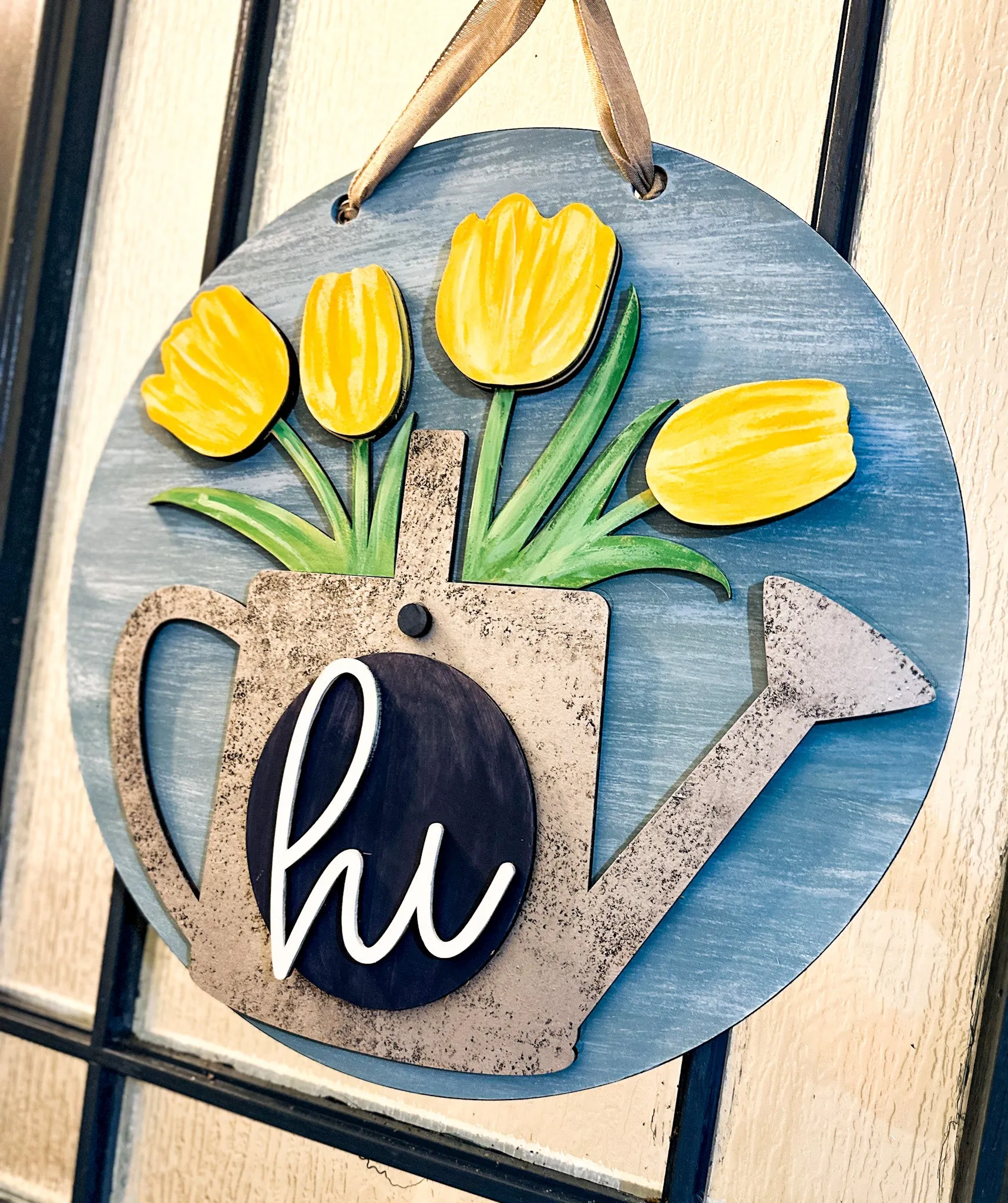 Hi with Watering Can and Tulips Spring Door Hanger P03528