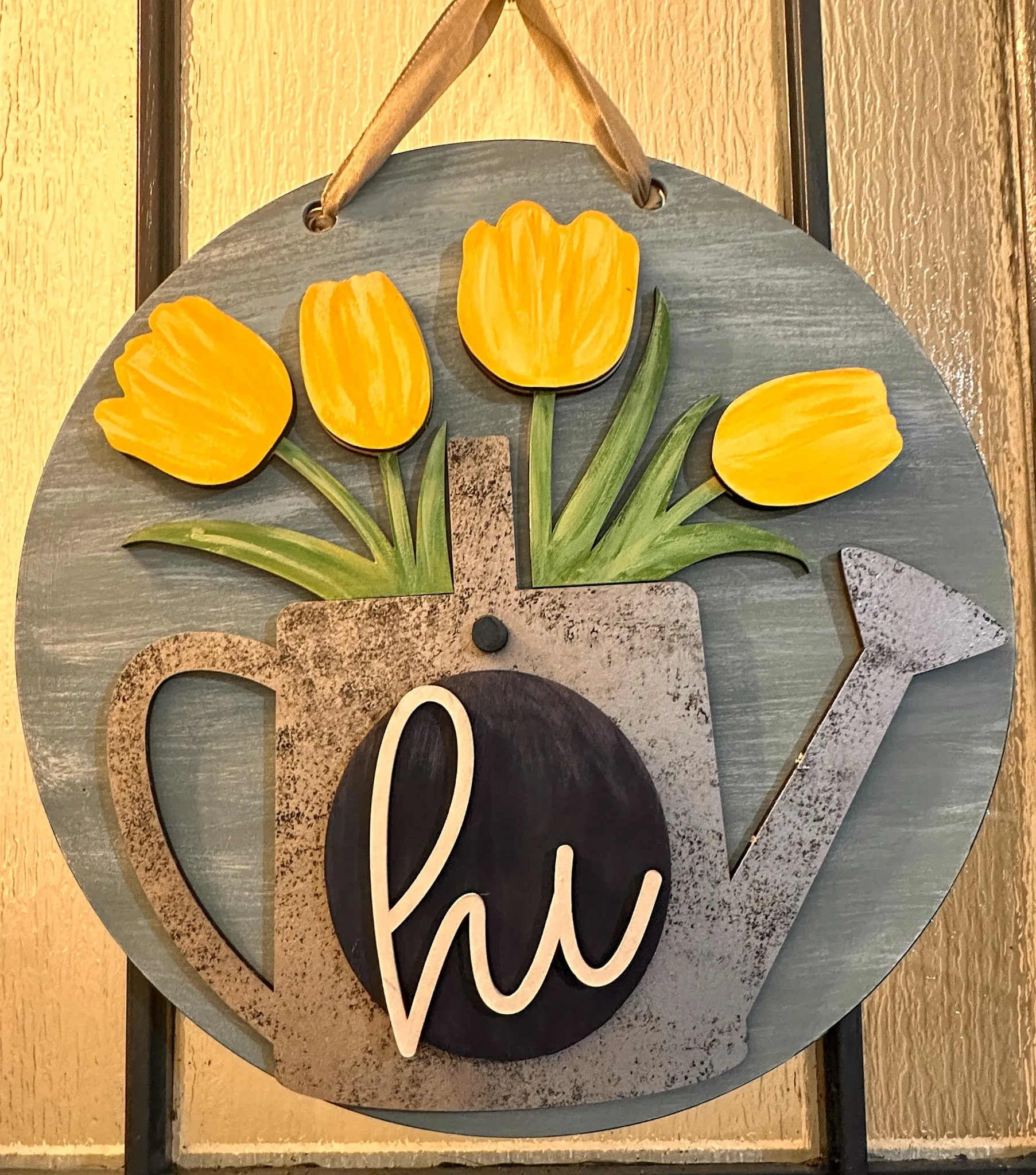 Hi with Watering Can and Tulips Spring Door Hanger P03528