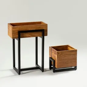 Matt Black Iron & Wood Natural Square Planters Stand For Home Decor