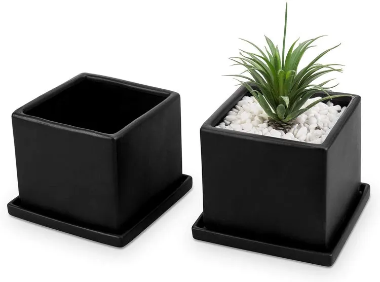 Matte Black Ceramic Square Planters with Removable Saucers, Set of 2
