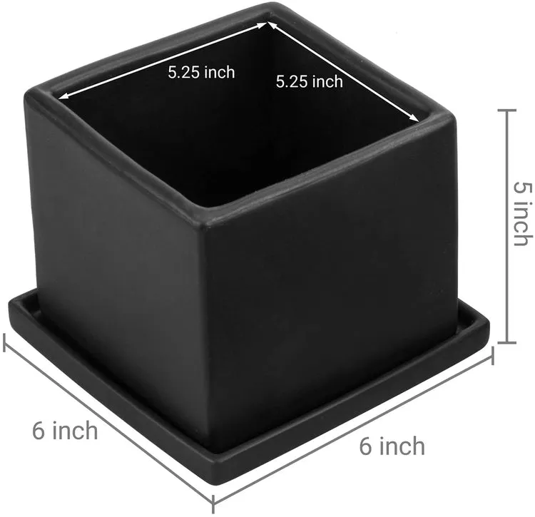 Matte Black Ceramic Square Planters with Removable Saucers, Set of 2