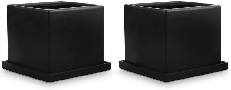 Matte Black Ceramic Square Planters with Removable Saucers, Set of 2