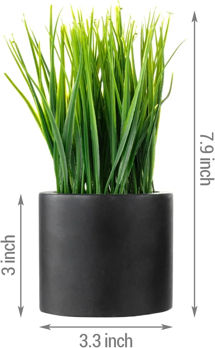 Mini Faux Grass Potted Plants, Decorative Artificial Wheatgrass in Cylindrical Round Black Concrete Planters, Set of 3
